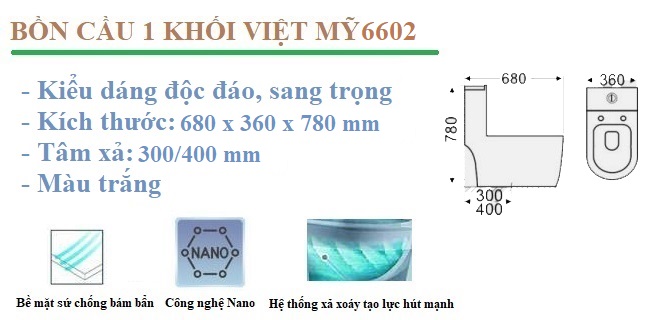 Tính năng nổi bật bồn cầu 1 khối Việt Mỹ 6602